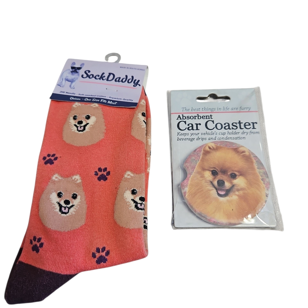 SockDaddy Dog Print Socks And Car Coaster Set Pomeranian